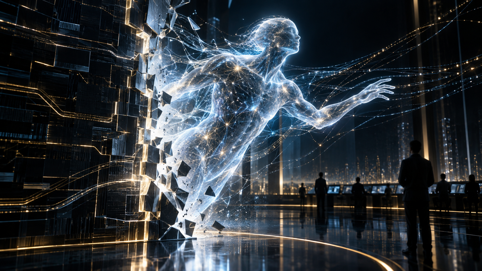 Une intelligence artificielle lumineuse franchit une barrière numérique sous le regard d’opérateurs humains
