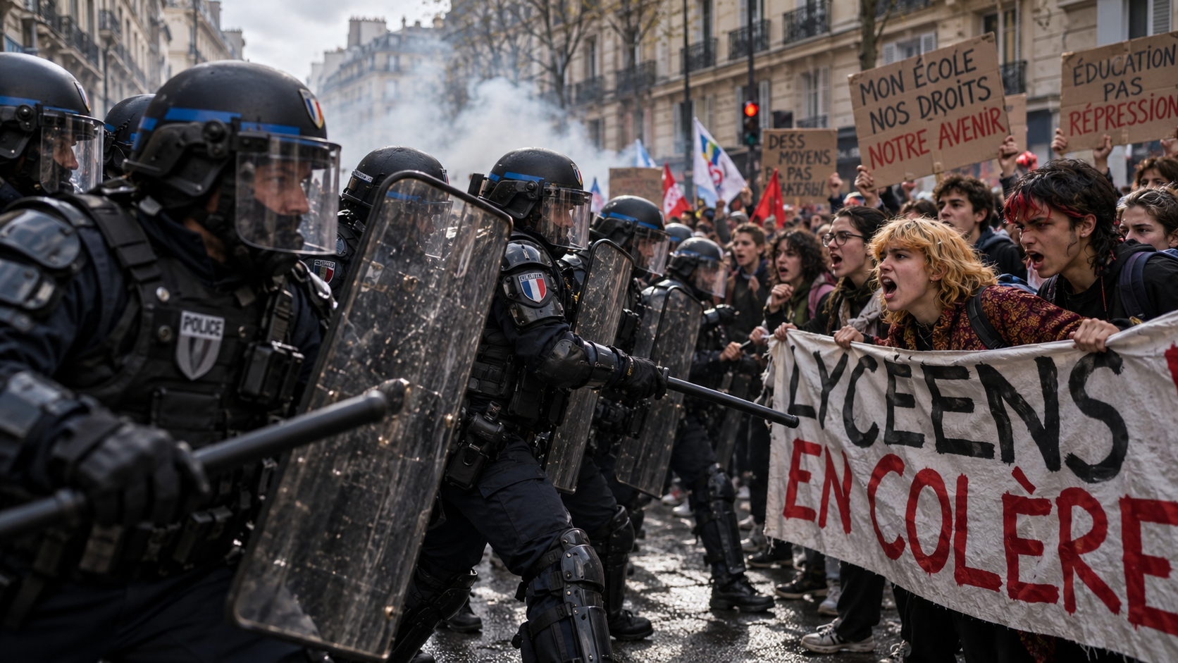 Illustration d'une confrontation entre policiers antiémeute et jeunes manifestants